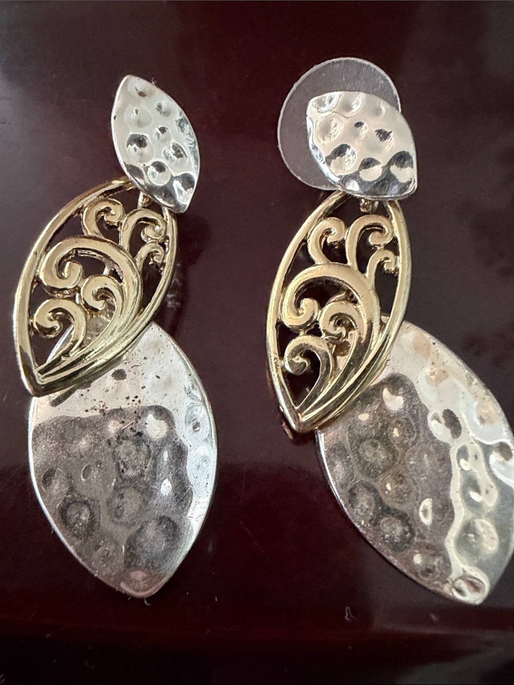 Two-Tone Gold and Silver Filigree Drop Earrings - Women Jewelry